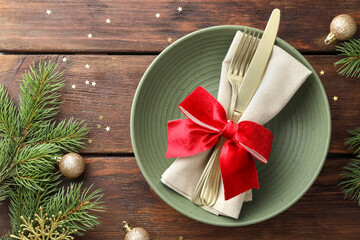 Christmas setting and festive decor on wooden table, flat lay