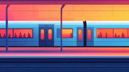 Electric Train in Bustling City at Sunset