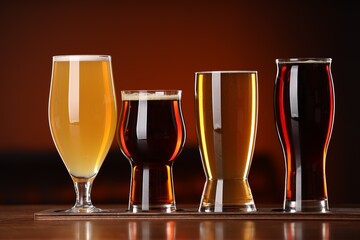 Glasses with different types of beer on wooden table against color background