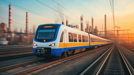 Fototapeta premium Electric Train Moving Through Industrial Area at Sunset