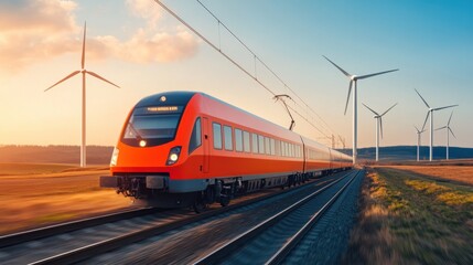 Fototapeta premium Electric Train Passing Wind Turbines in Flat Landscape