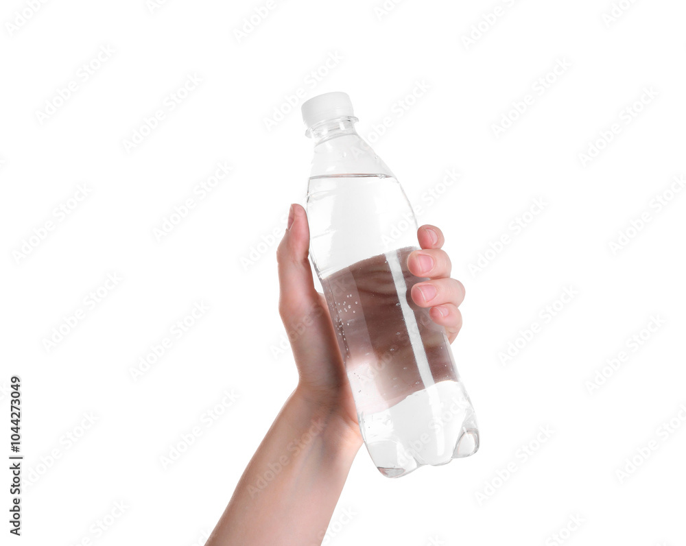 Sticker Woman holding plastic bottle of water on white background, closeup