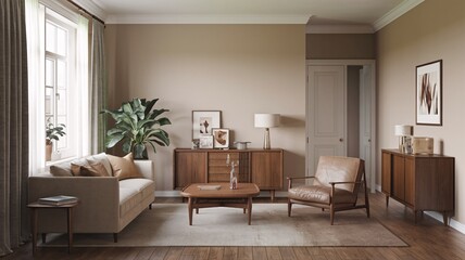 Fototapeta premium Classic Vintage A modern living room with a couch, armchair, coffee table, side table, and two cabinets.