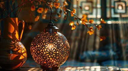 Capture the magic of storytelling through light by focusing on a close-up shot of a lampshade with intricate designs inspired by diverse cultures Showcase how the play of light creates