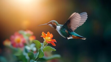 Obraz premium A hummingbird's wings in motion as it hovers above a flower
