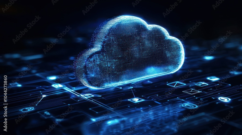 Poster a glowing blue cloud icon floating above a digital circuit board.
