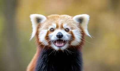 A red panda with a cute expression stares directly at the camera with its mouth slightly open.