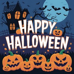 Halloween Greeting with Jack-o'-Lanterns, Haunted House, and Bats