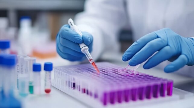 A scientist in blue gloves uses a pipette to transfer liquid from a test tube to a microplate.