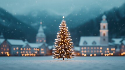Obraz premium Glowing Christmas Tree in Snowy Landscape