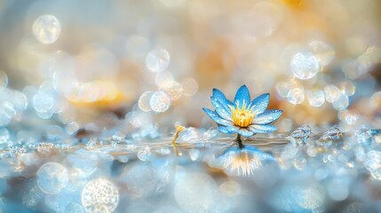 A single blue water lily with water droplets blooms on a still pond.