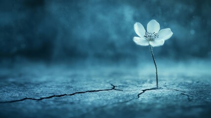 A single white flower blooms through a crack in the dry ground, symbolizing resilience and hope.