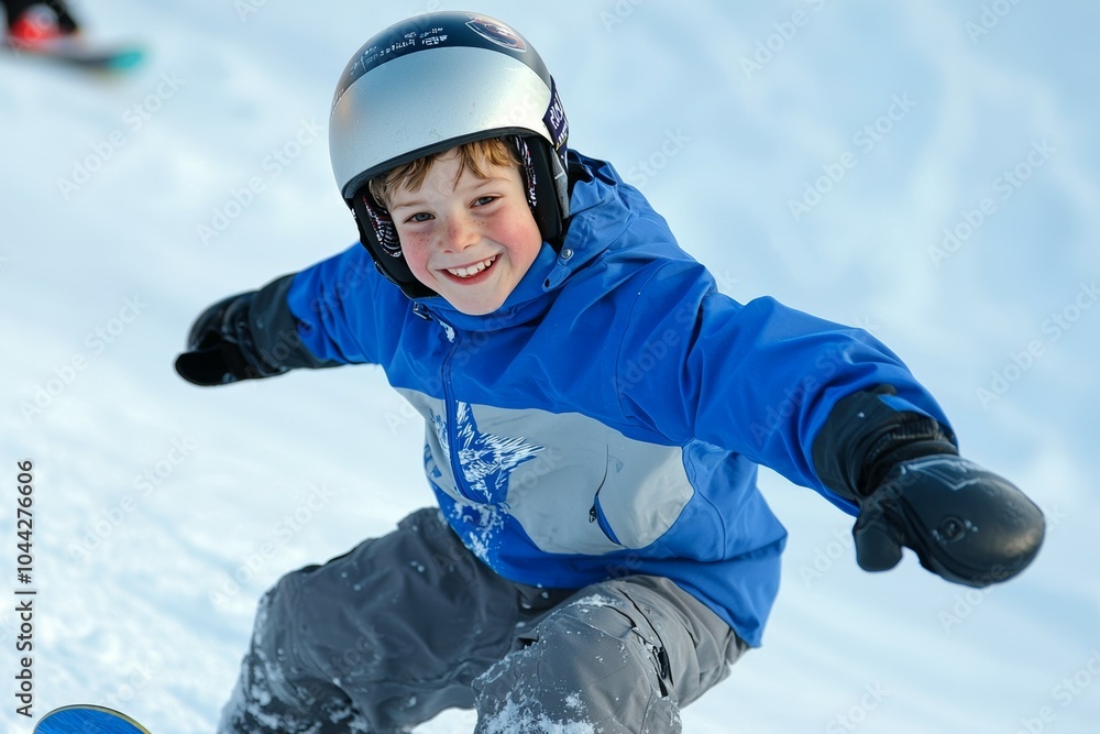 Wall mural A young boy is wearing a blue jacket and a helmet while snowboarding down a hill