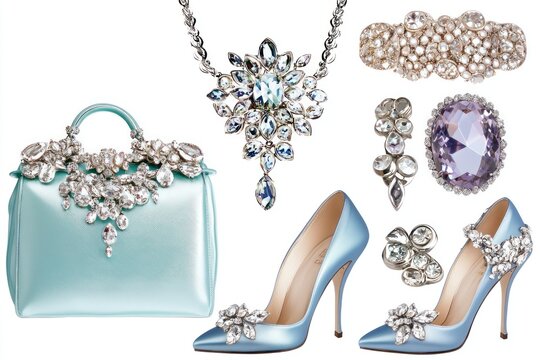 Blue Satin Handbag, Shoes, and Jewelry with Rhinestones