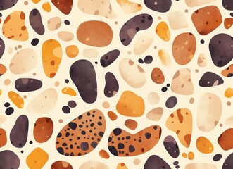   Brown and Orange Patterned Dots on a Light Background,   with Irregular Oval Shapes in Beige and Dark Gray, Evoking Natural Stones on Earthy Terrain.