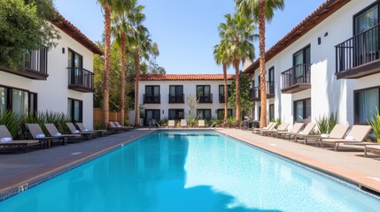 Fototapeta premium Serene Hotel Pool Area Surrounded by Palm Trees