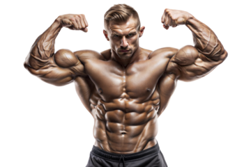 Muscular man flexing arms, showcasing strength and fitness.