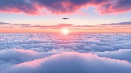 Obraz premium Aerial Serenity at Sunset, captivating view above the clouds, vibrant hues of orange and pink blend seamlessly, evoking a sense of tranquility and boundless freedom.