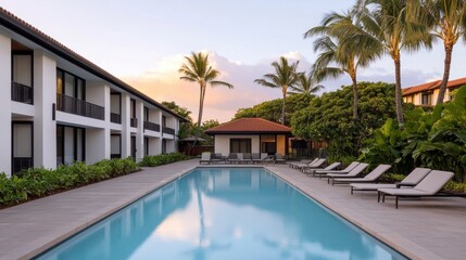 Fototapeta premium Tropical Hotel Pool Area with Lounge Chairs and Plants
