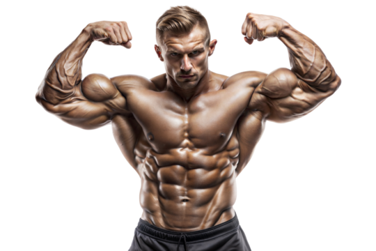 Muscular man flexing arms, showcasing strength and fitness.