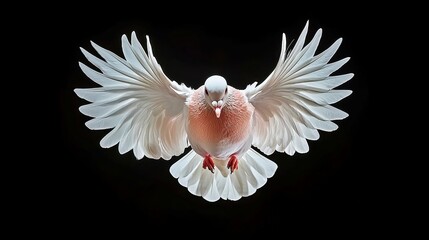 Obraz premium Elegant white dove in flight, showcasing its pristine plumage against a stark black backdrop, gracefully flapping its wings in a captivating display of motion.