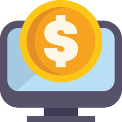 Computer is showing a big golden dollar coin, symbolizing the concept of online earning