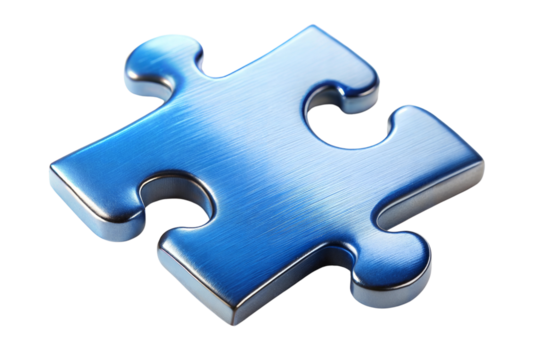 Shiny blue metal puzzle piece on transparent or white isolated background.