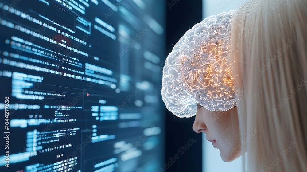 Poster businesswoman navigates a digital landscape, engaging with artificial intelligence, big data process