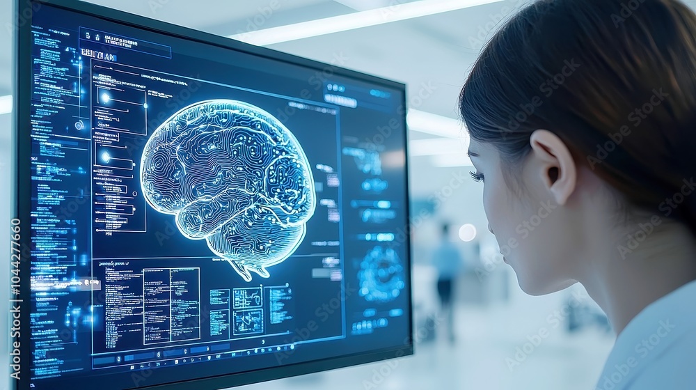 Poster businesswoman engaging with ai brain visualization, immersed in big data matrix, showcasing generati