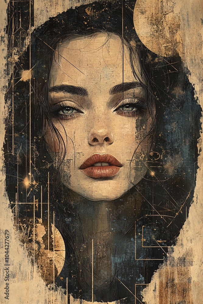 Poster a captivating portrait blending ethereal beauty with abstract elements showcasing depth and emotion 