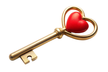 Heart-shaped key with a golden handle on a transparent or white isolated background.