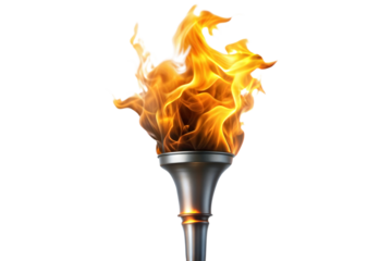 Flame torch with fire, transparent or white isolated background.