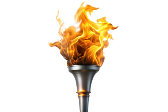 Flame torch with fire, transparent or white isolated background.