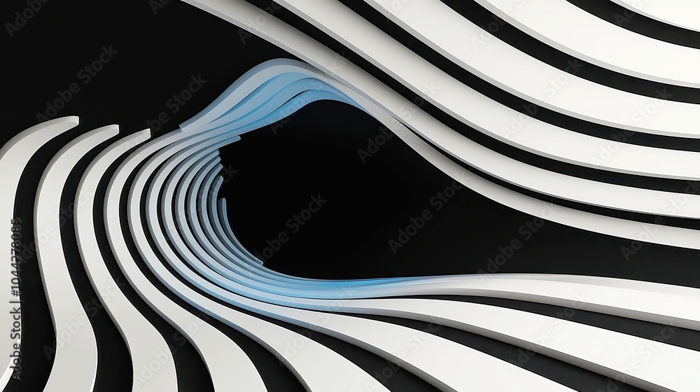 Poster curved blue and white lines on black background, a seamless pattern featuring flowing shapes that cr