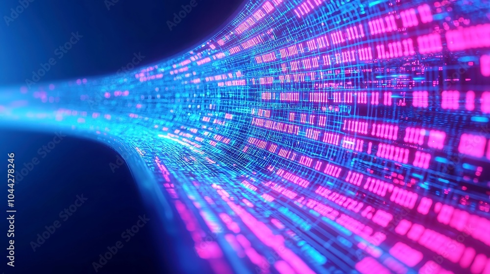 Poster digital data stream matrix effect, dynamic visual representation of flowing digital data in a matrix