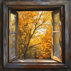 Open window with frame, golden autumn outside the window