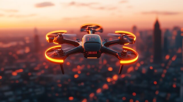A stunning drone flying over a city skyline at sunset, showcasing vibrant colors and advanced technology in a breathtaking view.