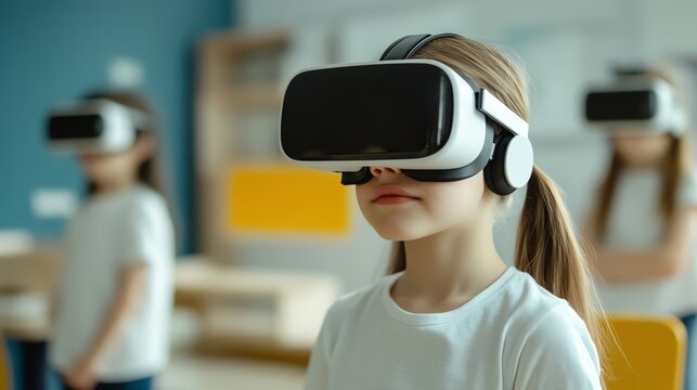 Young girl wearing virtual reality headset, engaged and focused on the digital experience in a modern environment.