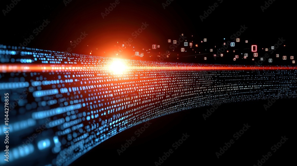 Poster futuristic digital realm, a vibrant modern space illuminated by bright lens flares, featuring floati