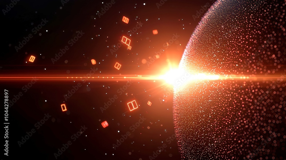 Poster futuristic digital realm, a modern space illuminated by vibrant lens flares and floating binary numb