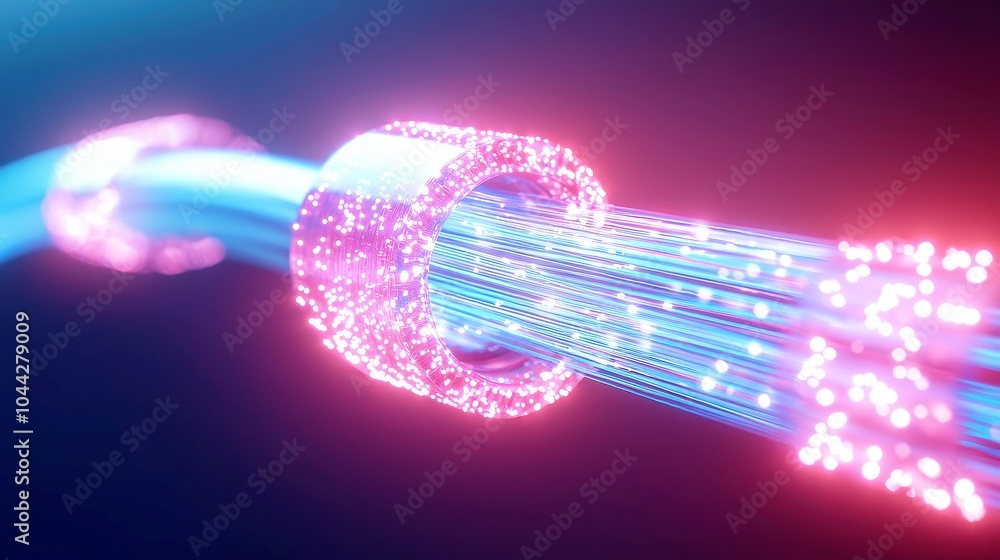 Poster illuminated fiber optic cable in open space, vibrant colors intertwine, creating a mesmerizing displ
