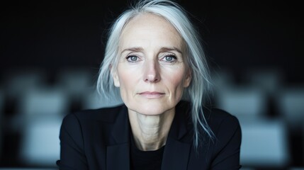 Portrait of a confident mature woman with gray hair, looking directly at the camera.