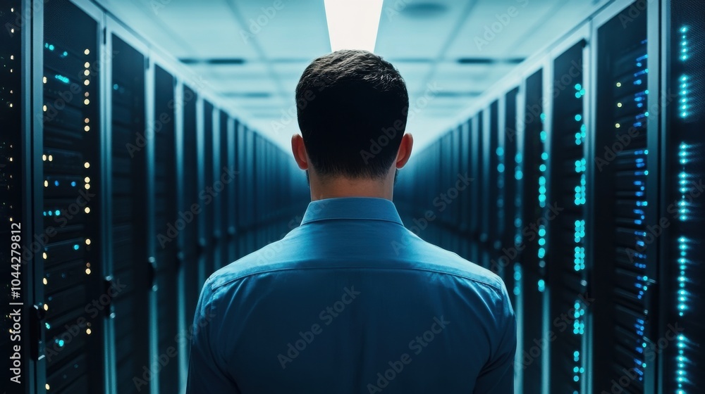 Poster network engineer inspecting data cables in server room