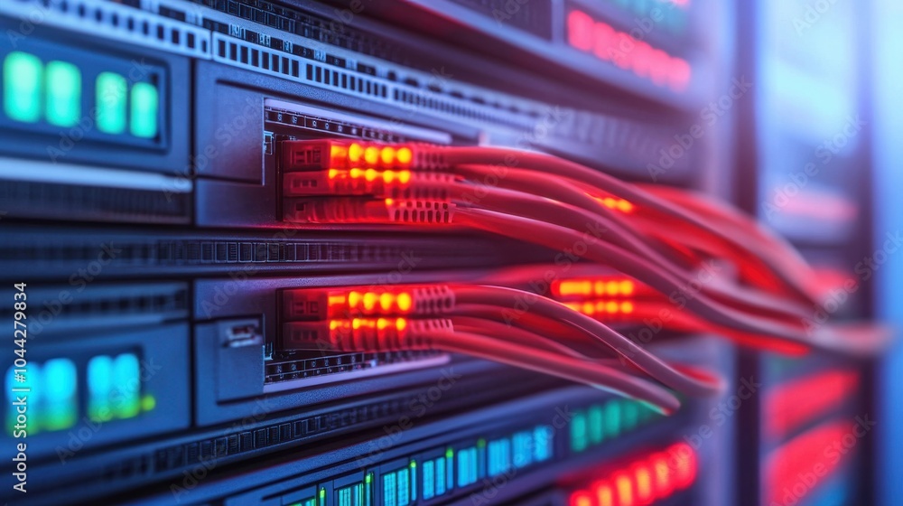Poster network engineer inspecting data cables and switches