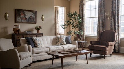 Classic Vintage A well-furnished living room with a couch, two armchairs, a coffee table, a plant, and a painting on the wall.