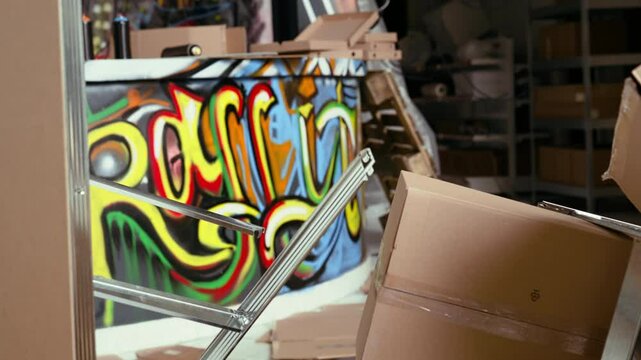 Wreckage left over by vandals in criminals headquarters with graffiti drawings sprayed on walls. Object thrown on floor in ghetto hideout after criminals rushed to evacuate place, handheld camera shot