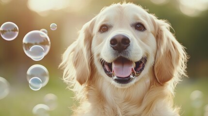 Joyful Dog Chasing Bubbles in Sunny Outdoors