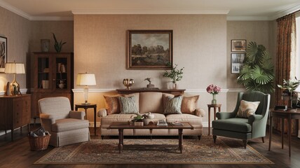 Classic Vintage A cozy living room with a sofa, chairs, and a coffee table.