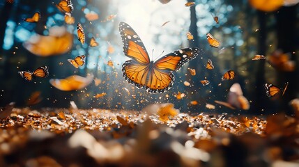Vibrant Butterflies in Motion, a mesmerizing scene of colorful butterflies gracefully fluttering and resting on the forest floor, surrounded by lush greenery and dappled sunlight.
