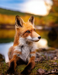 fox in autumn forest near a pond in autumn